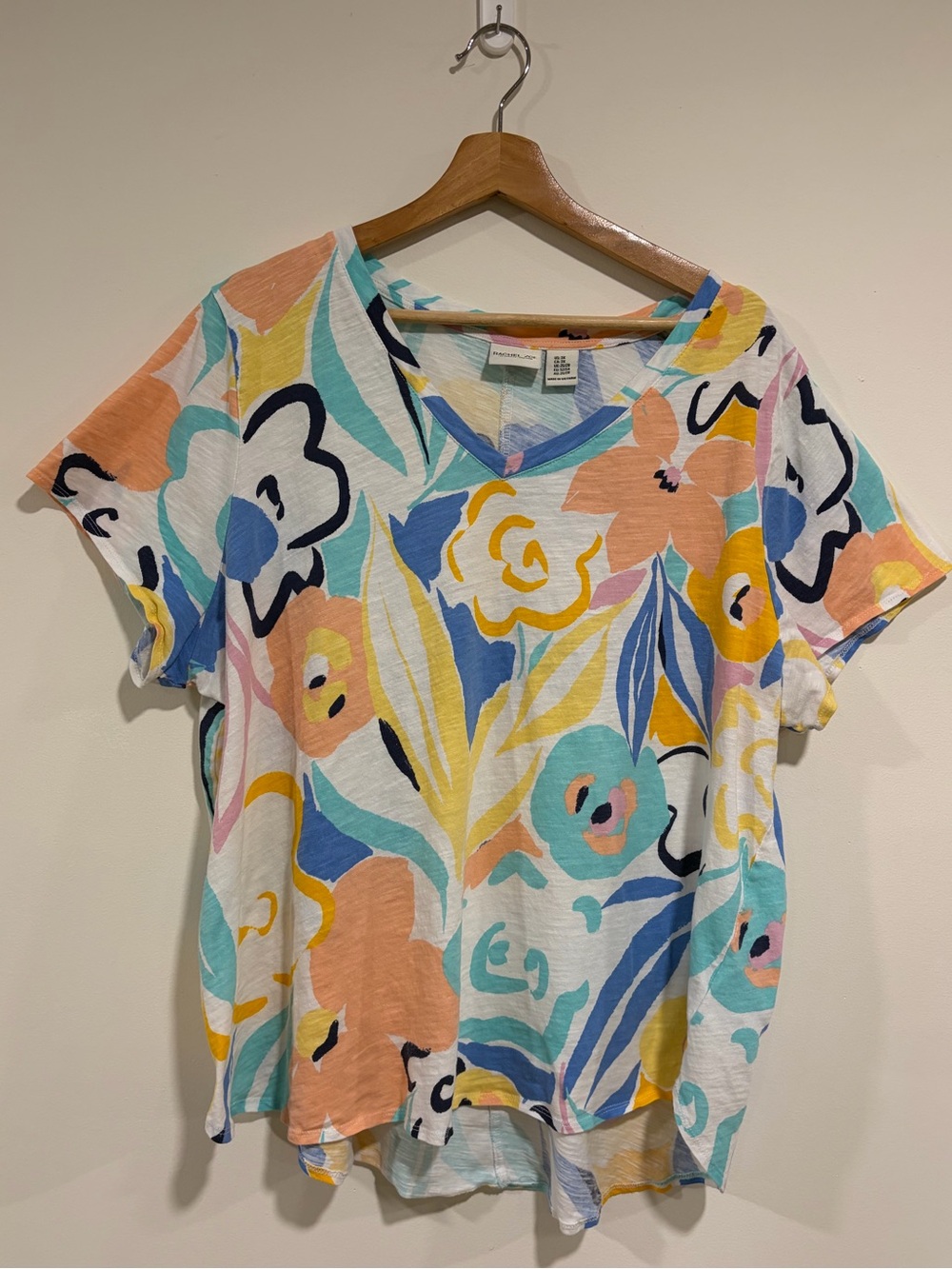 Rachel Zoe Multi-color Floral Abstract Cotton V-Neck T-shirt Plus Size Size 3X